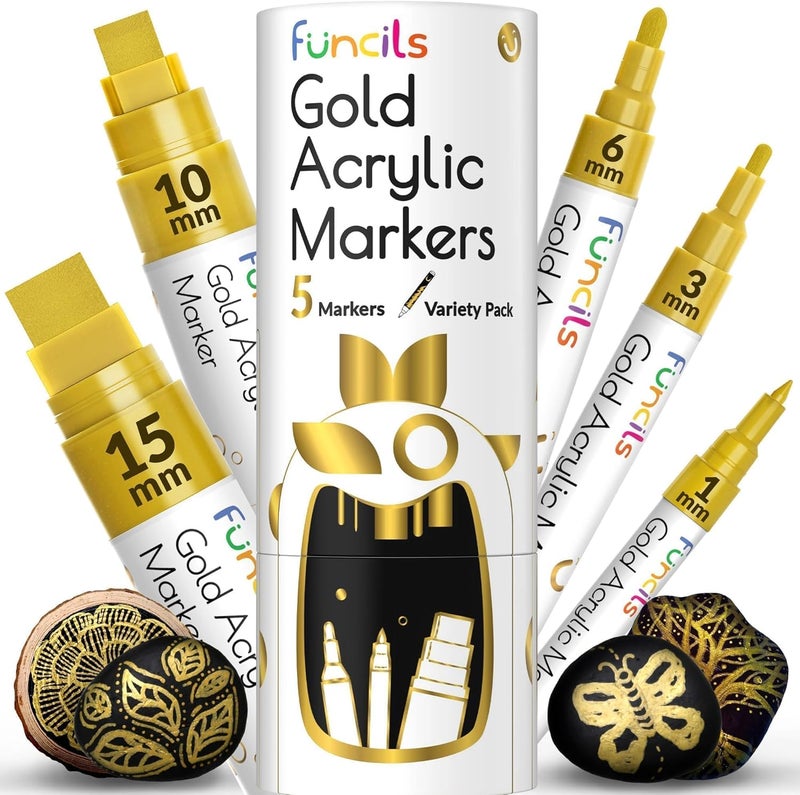 Funcils 5 Acrylic Gold Paint Pen Metallic - Gold Marker Metallic Paint for Wood, Fabric, Canvas, Leaf, Tire, Metal, Glass - Permanent Pen Fine Tip, Thin Point & Jumbo (1mm, 3mm, 6mm, 10mm, 15mm) - Image 1